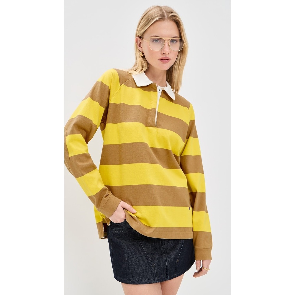 Clare V. Womens Le Rugby Khaki Bright Yellow Long Sleeve Polo Shirt LG NWOT $245